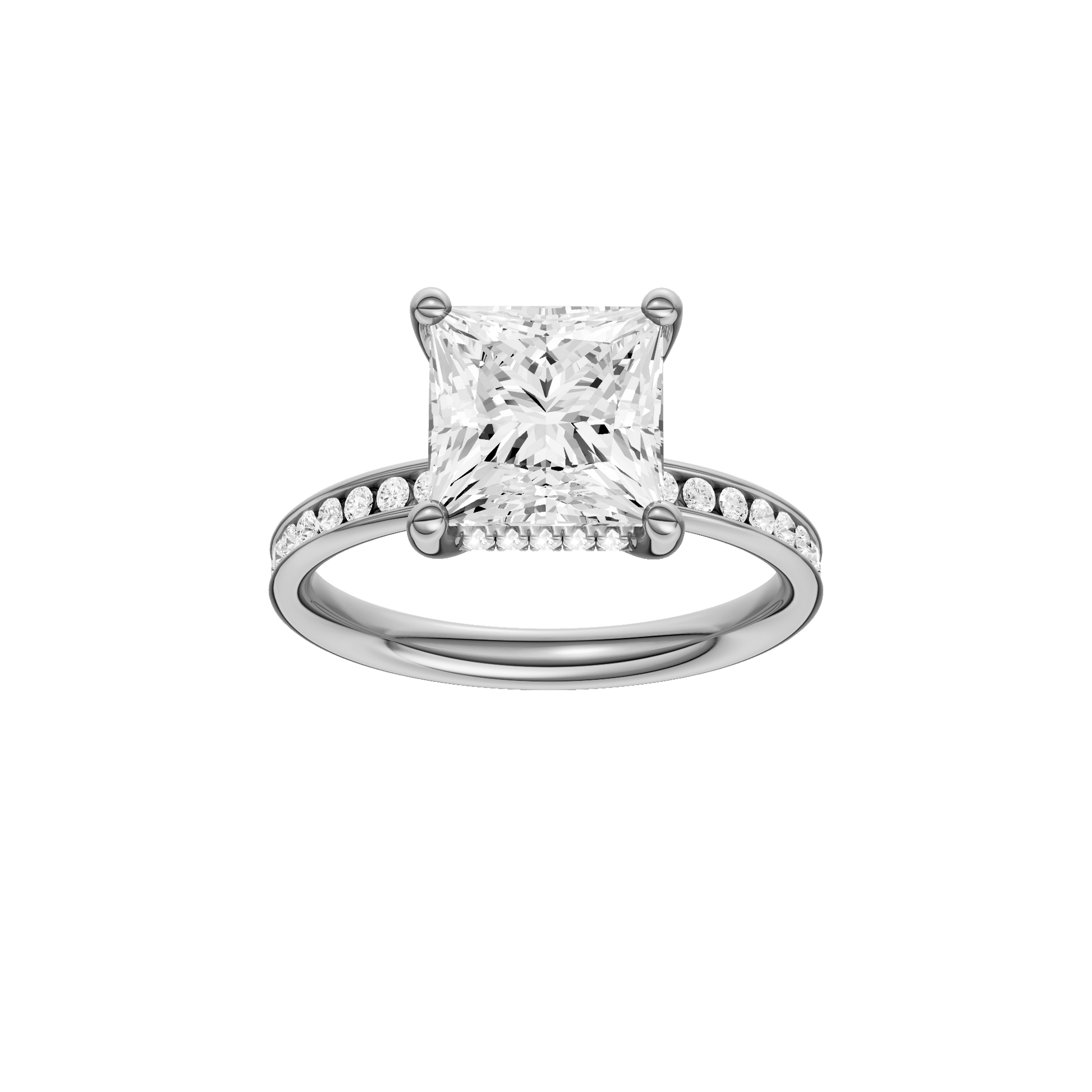 Princess-cut diamond engagement ring with a channel-set diamond band and hidden-halo setting.
