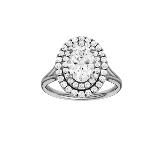 Oval-cut diamond engagement ring with a plain band and double-halo setting.
