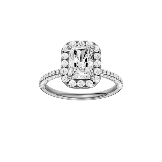 Radiant-cut diamond engagement ring with a pavé-set diamond band and halo setting.