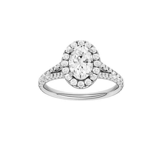 Oval-cut diamond engagement ring with a prong-set diamond band and halo setting.