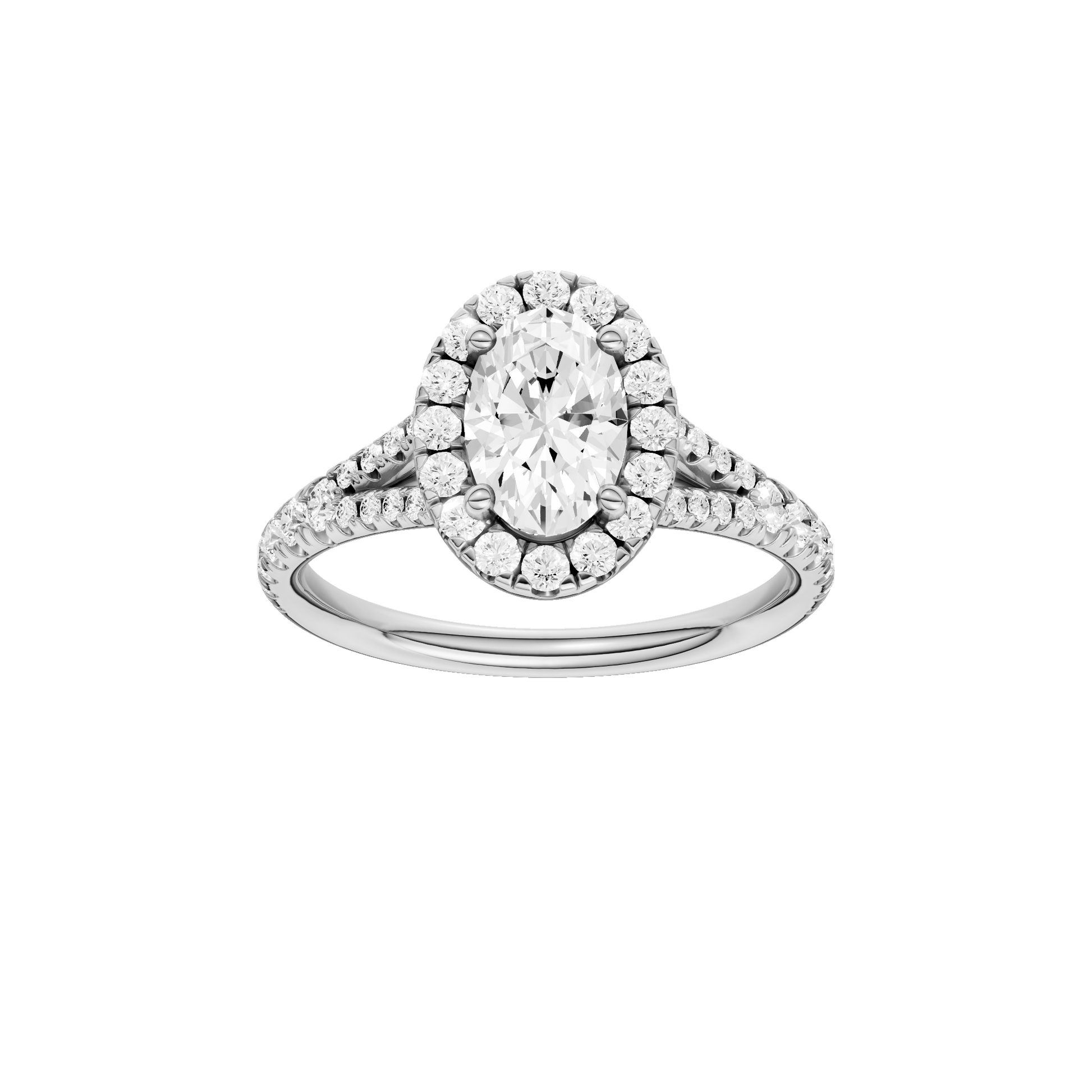 Oval-cut diamond engagement ring with a prong-set diamond band and halo setting.