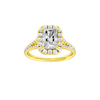 Radiant-cut diamond engagement ring with a prong-set diamond band and halo setting.