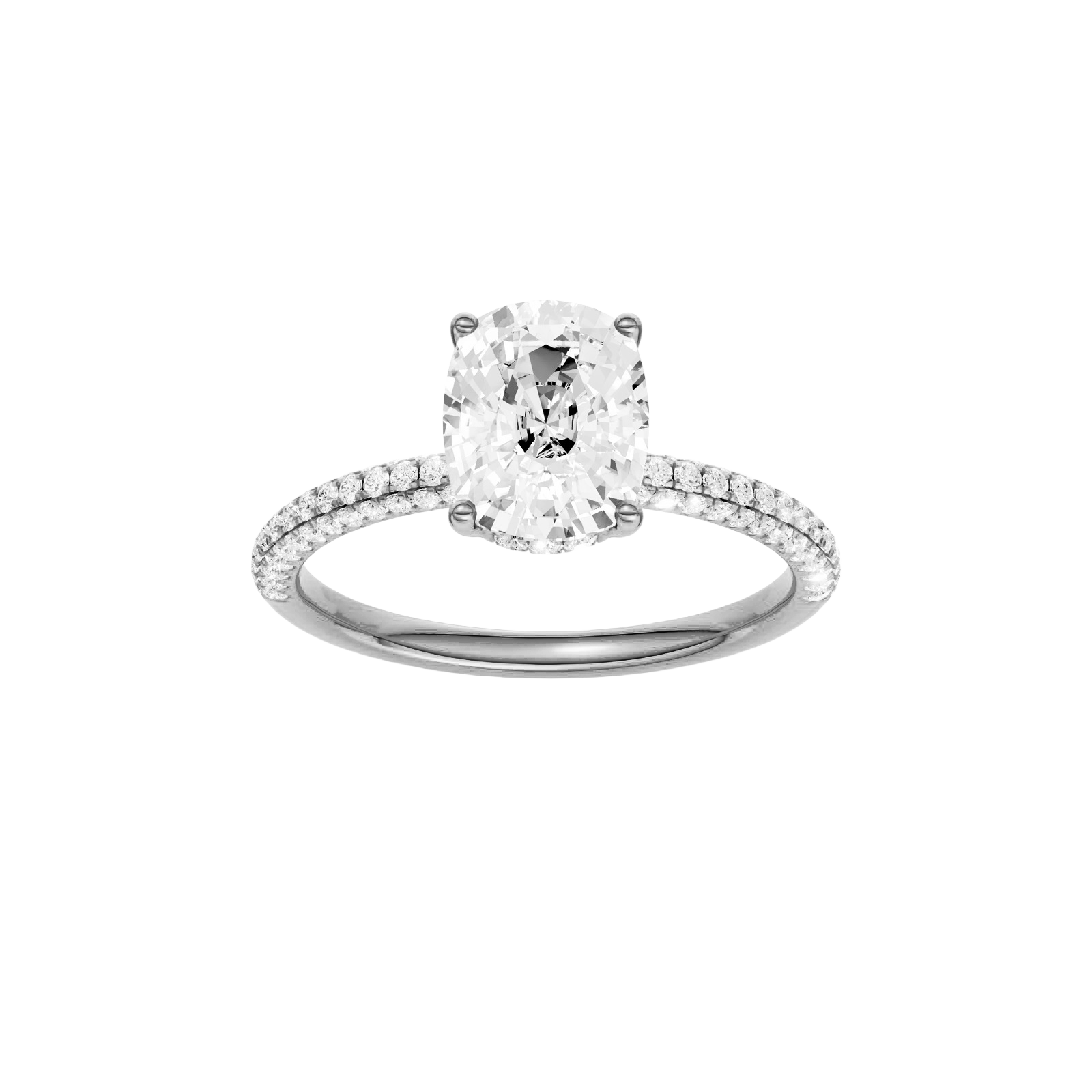 Elongated cushion-cut diamond engagement ring with a pavé-set diamond band and hidden-halo setting.