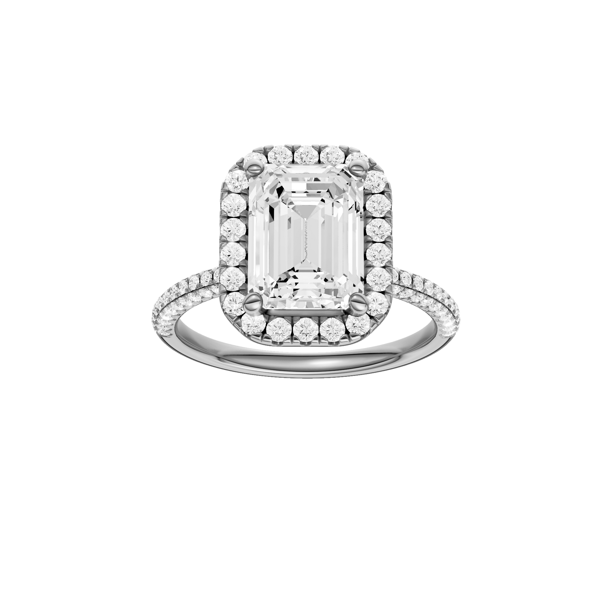 Emerald-cut diamond engagement ring with a pavé-set diamond band and halo setting.