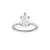 Pear-cut diamond engagement ring with a prong-set diamond band and hidden-halo setting.