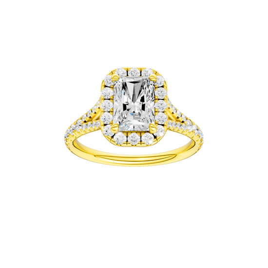 Radiant-cut diamond engagement ring with a prong-set diamond band and halo setting.