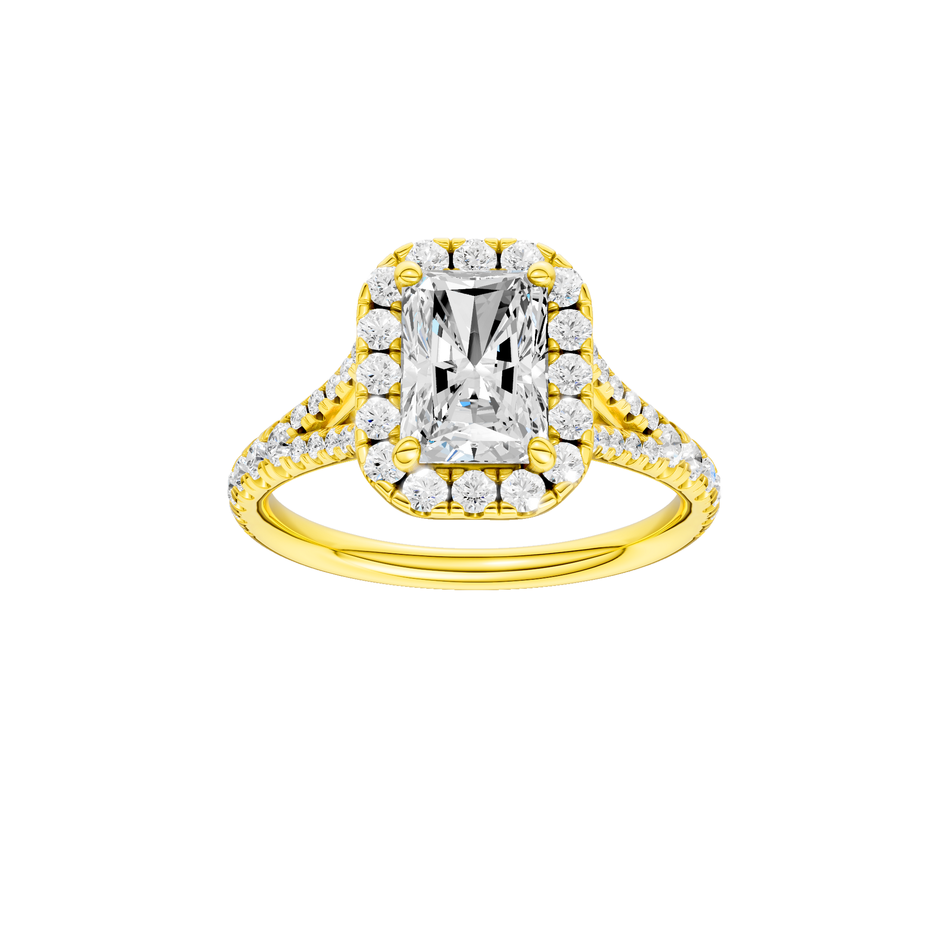 Radiant-cut diamond engagement ring with a prong-set diamond band and halo setting.