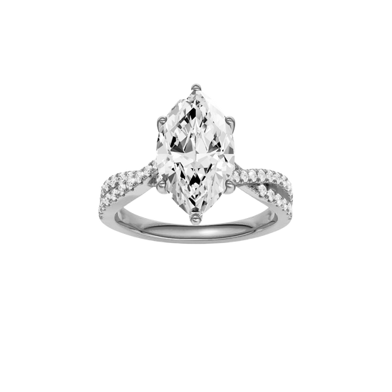 Marquise-cut diamond engagement ring in 14k white gold with a prong-set diamond band and twist setting