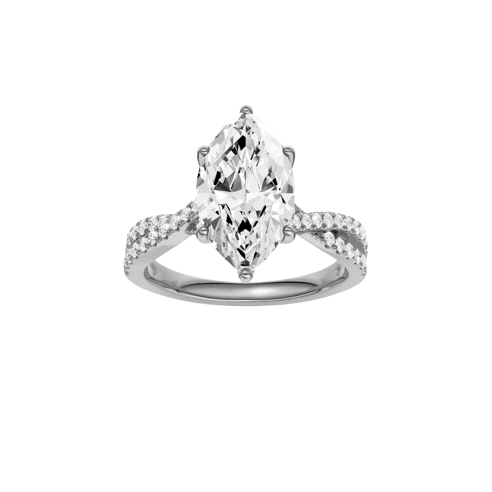 Marquise-cut diamond engagement ring in 14k white gold with a prong-set diamond band and twist setting