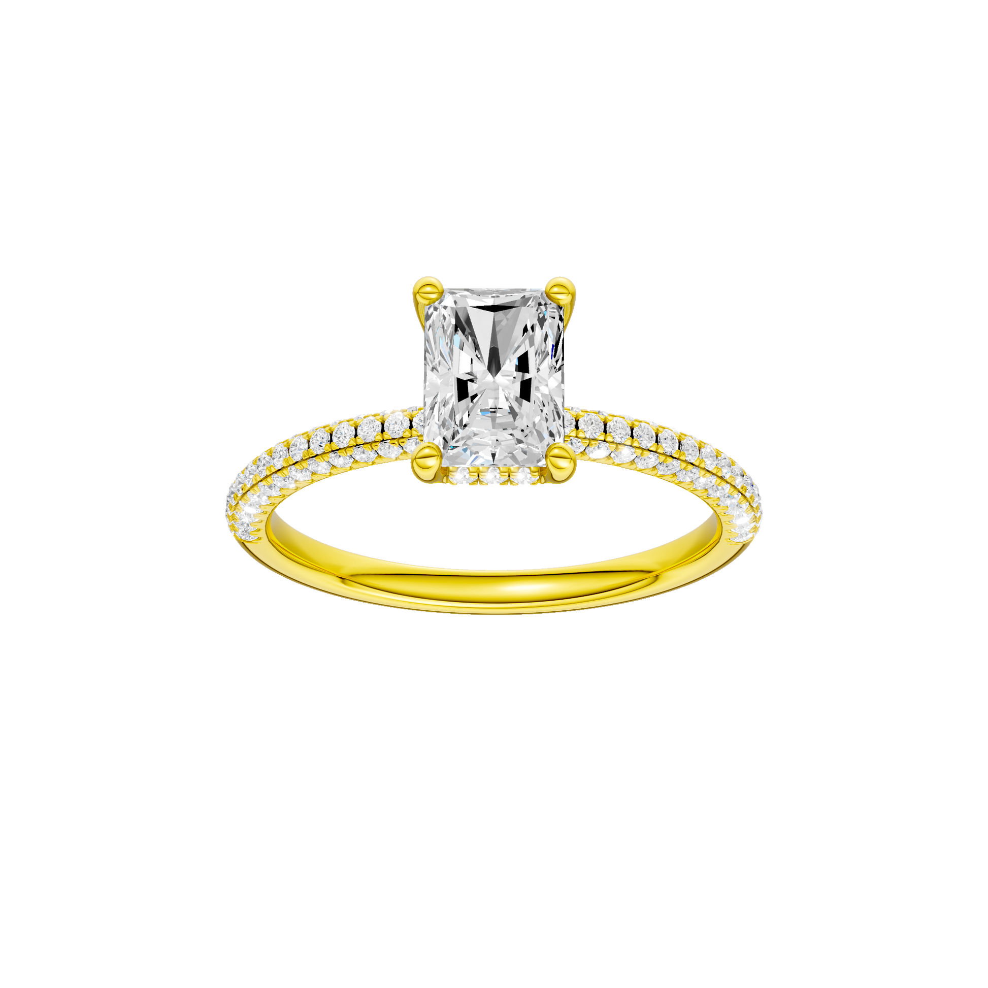 Radiant-cut diamond engagement ring with a pavé-set diamond band and hidden-halo setting.