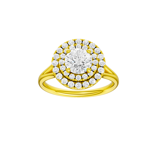 Round-cut diamond engagement ring with a plain band and double-halo setting.