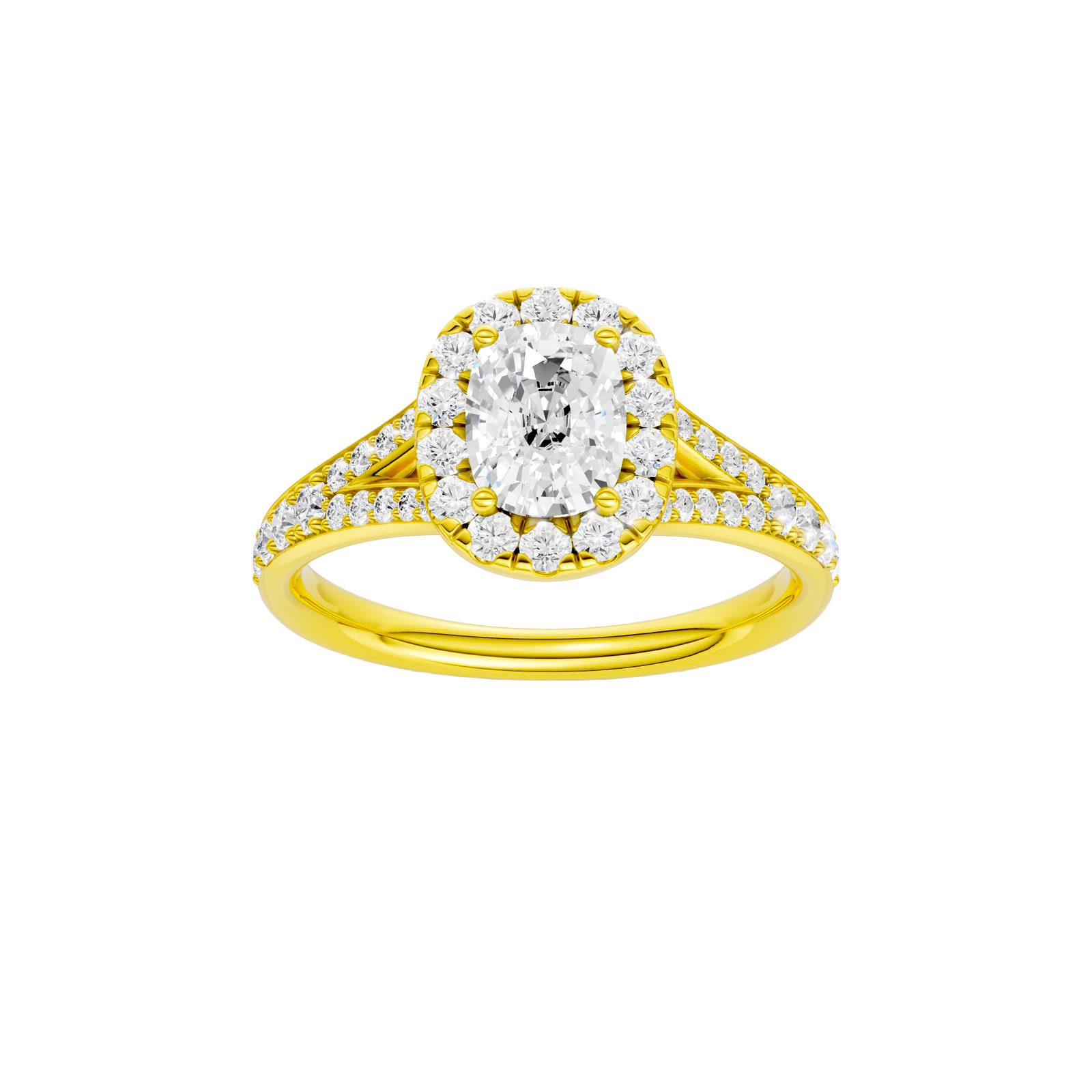 Elongated cushion-cut diamond engagement ring with a channel-set diamond band and halo setting.