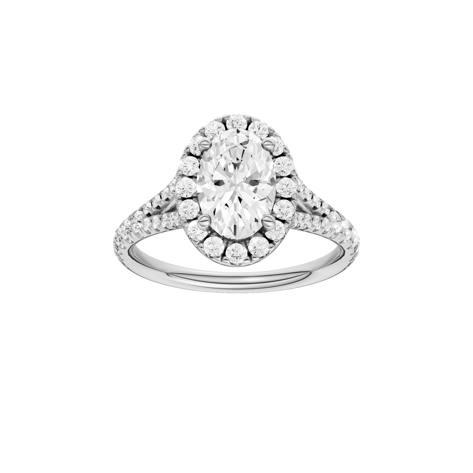 Oval-cut diamond engagement ring with a prong-set diamond band and halo setting.