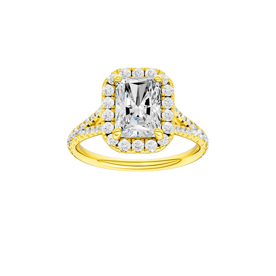 Radiant-cut diamond engagement ring with a prong-set diamond band and halo setting.