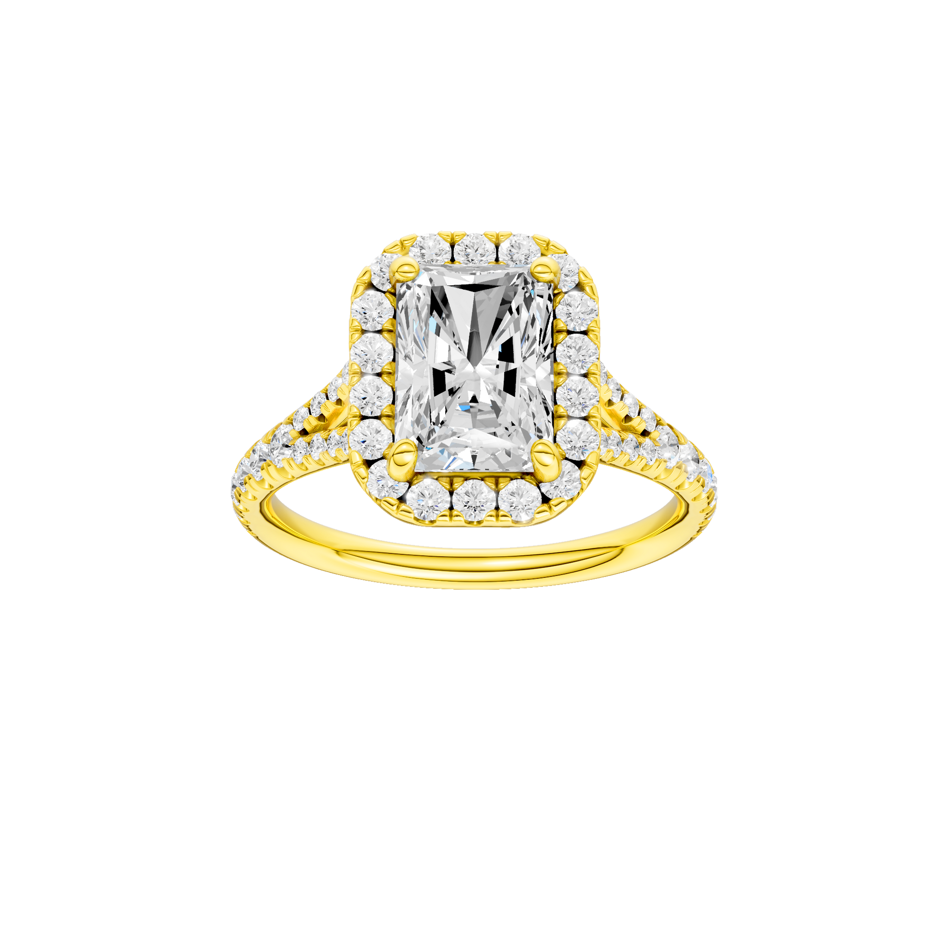 Radiant-cut diamond engagement ring with a prong-set diamond band and halo setting.