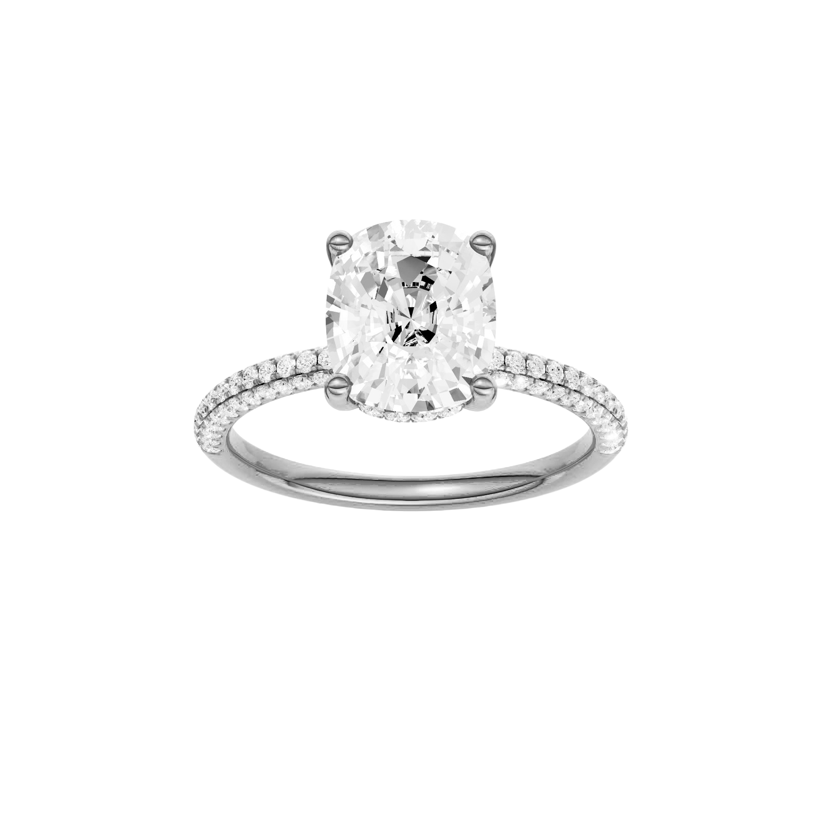 Elongated cushion-cut diamond engagement ring with a pavé-set diamond band and hidden-halo setting.