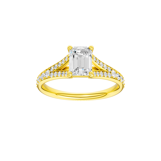 Emerald-cut diamond engagement ring with a channel-set diamond band and solitaire setting.