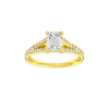 Emerald-cut diamond engagement ring with a channel-set diamond band and solitaire setting.