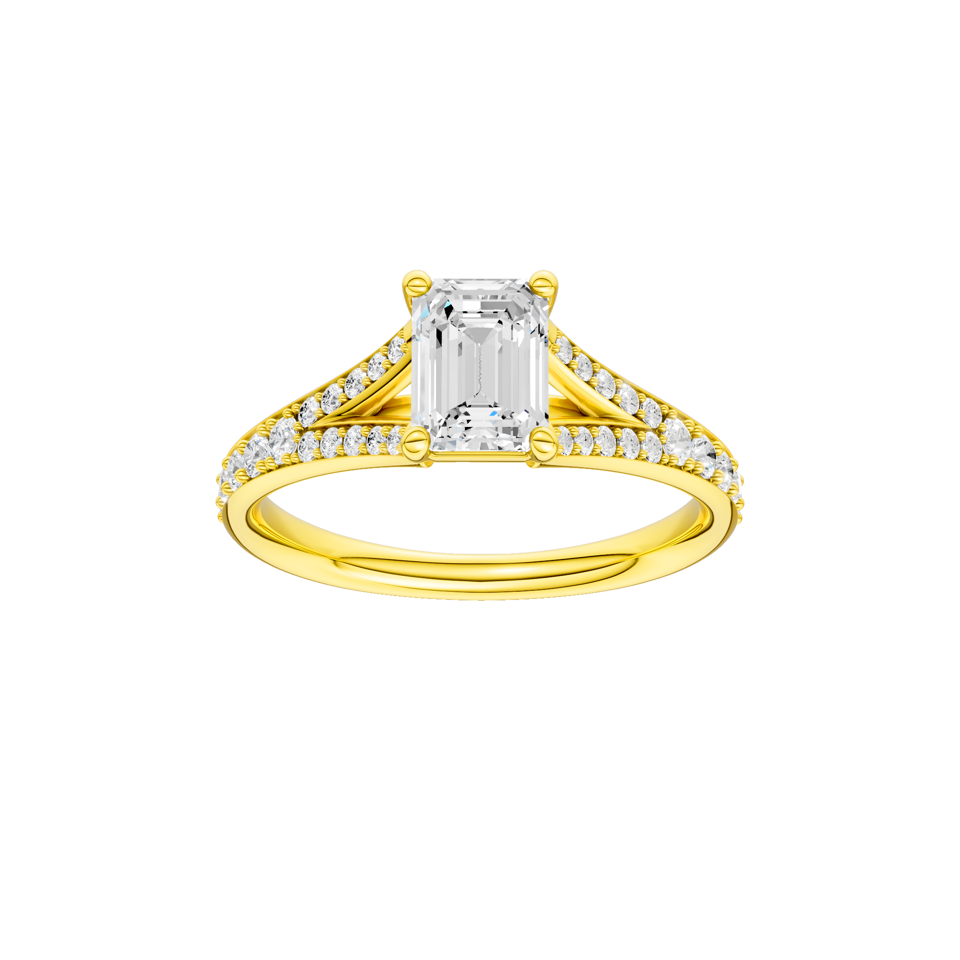Emerald-cut diamond engagement ring with a channel-set diamond band and solitaire setting.