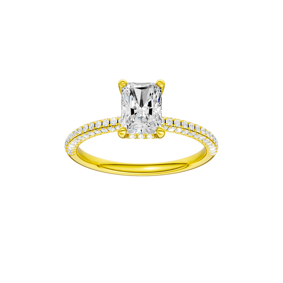 Radiant-cut diamond engagement ring with a pavé-set diamond band and hidden-halo setting.