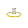 Radiant-cut diamond engagement ring with a pavé-set diamond band and hidden-halo setting.