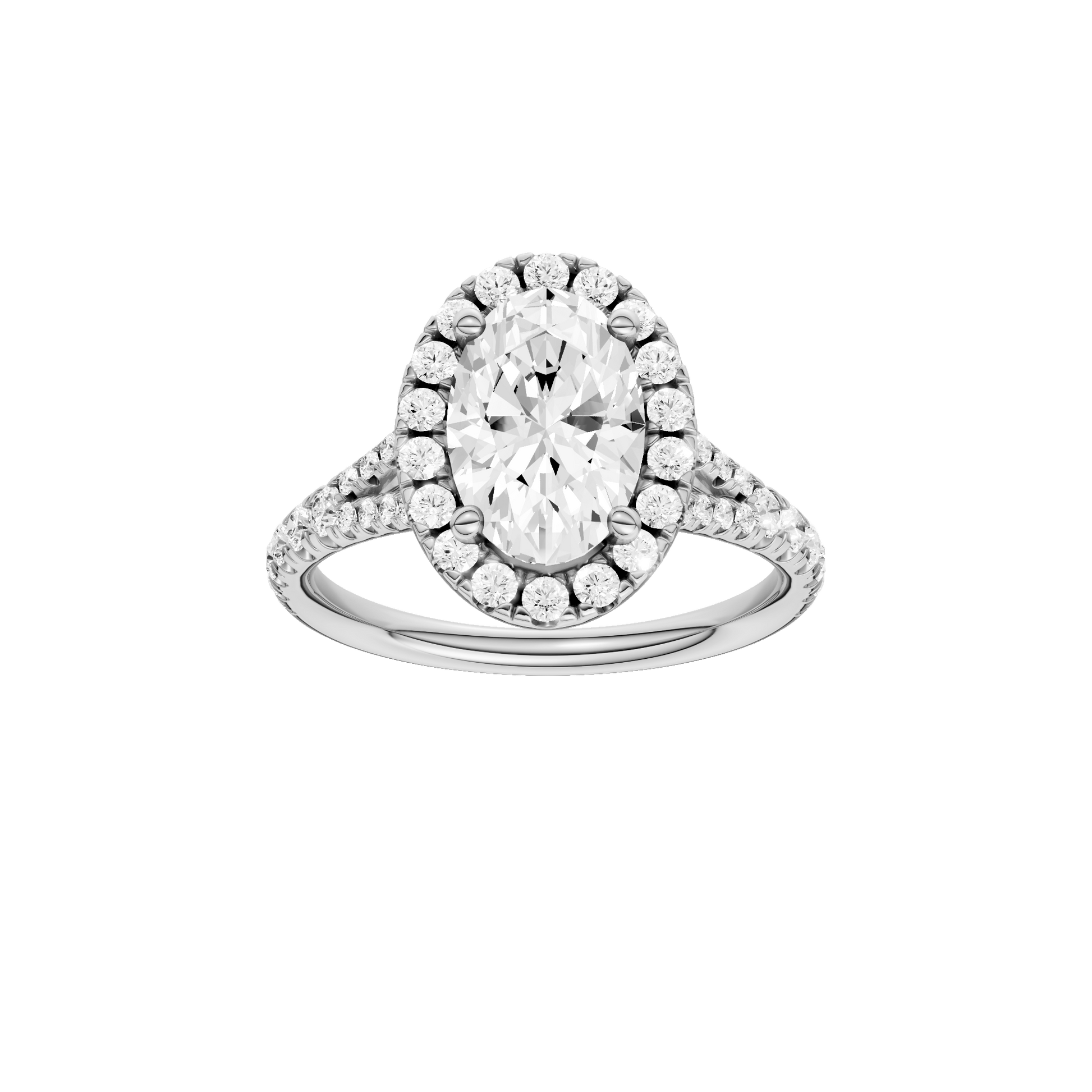 Oval-cut diamond engagement ring with a prong-set diamond band and halo setting.