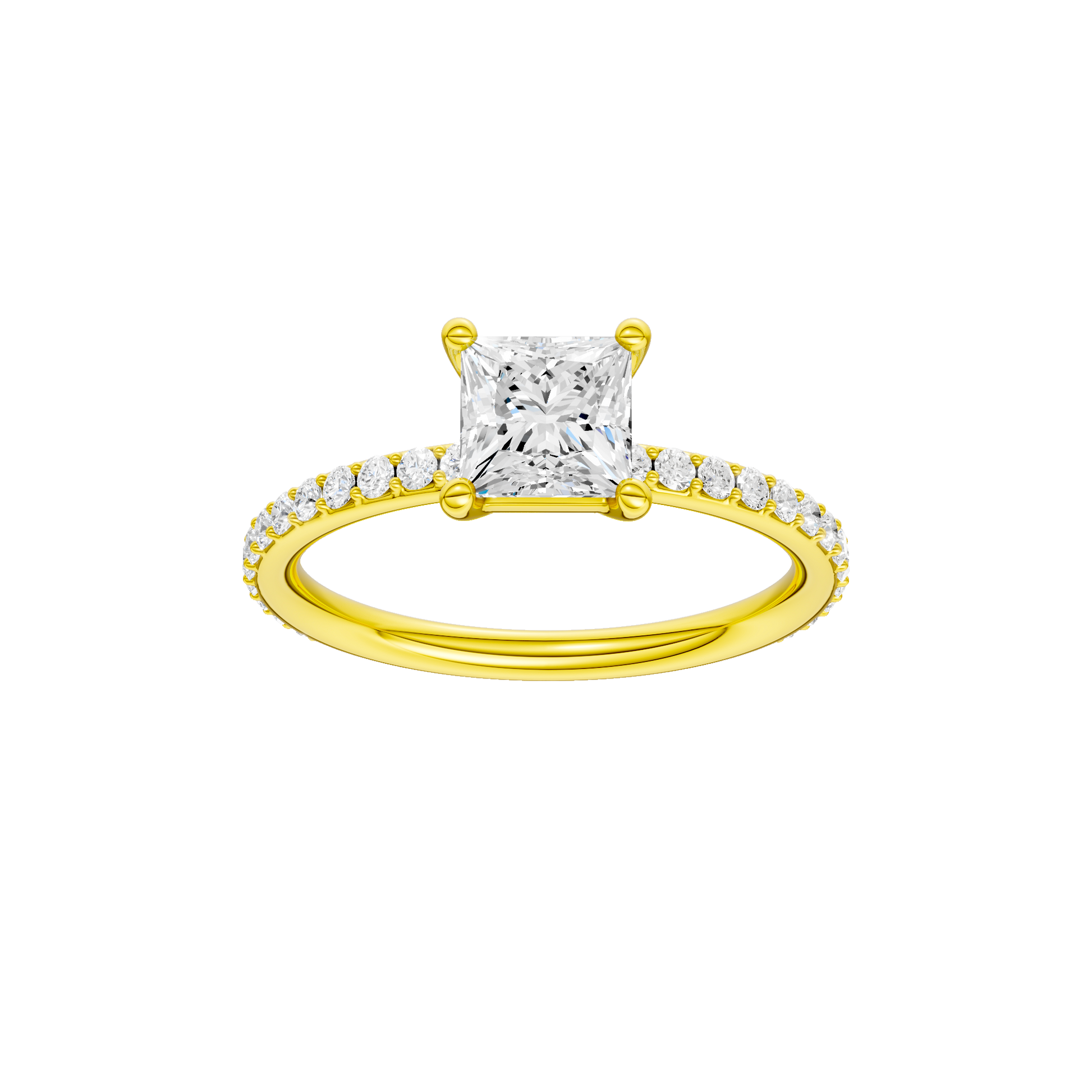 Princess-cut diamond engagement ring with a prong-set diamond band and solitaire setting.