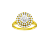 Round-cut diamond engagement ring with a plain band and double-halo setting.