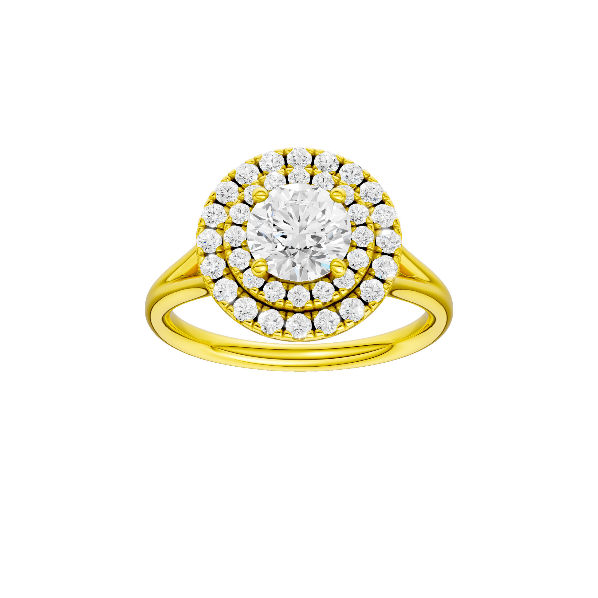 Round-cut diamond engagement ring with a plain band and double-halo setting.