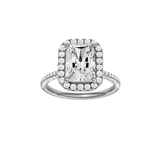 Radiant-cut diamond engagement ring with a pavé-set diamond band and halo setting.