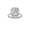 Radiant-cut diamond engagement ring with a pavé-set diamond band and halo setting.