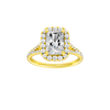 Radiant-cut diamond engagement ring with a prong-set diamond band and halo setting.