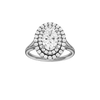 Oval-cut diamond engagement ring with a plain band and double-halo setting.
