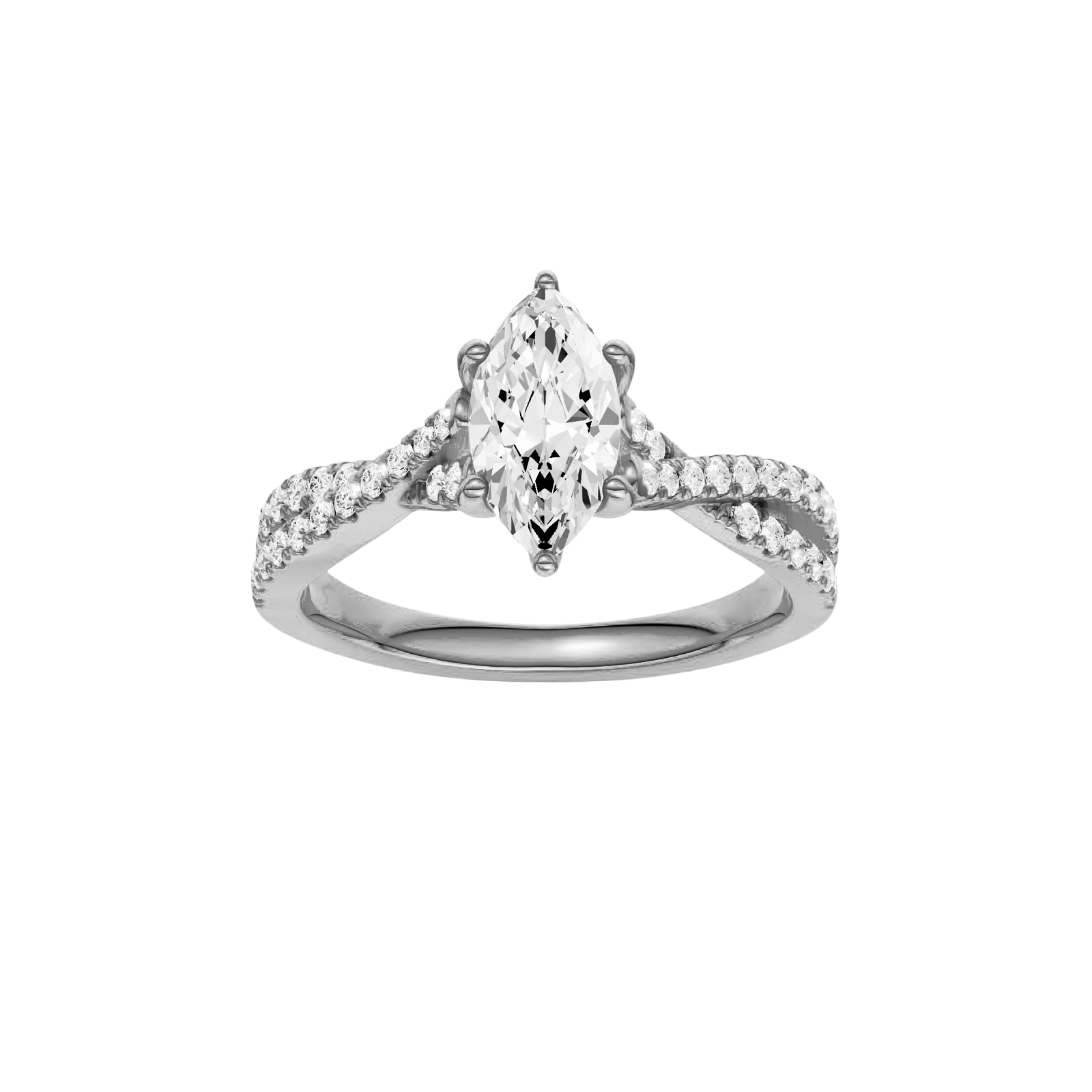 Marquise-cut diamond engagement ring in 14k white gold with a prong-set diamond band and twist setting