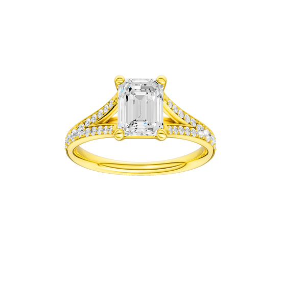 Emerald-cut diamond engagement ring with a channel-set diamond band and solitaire setting.