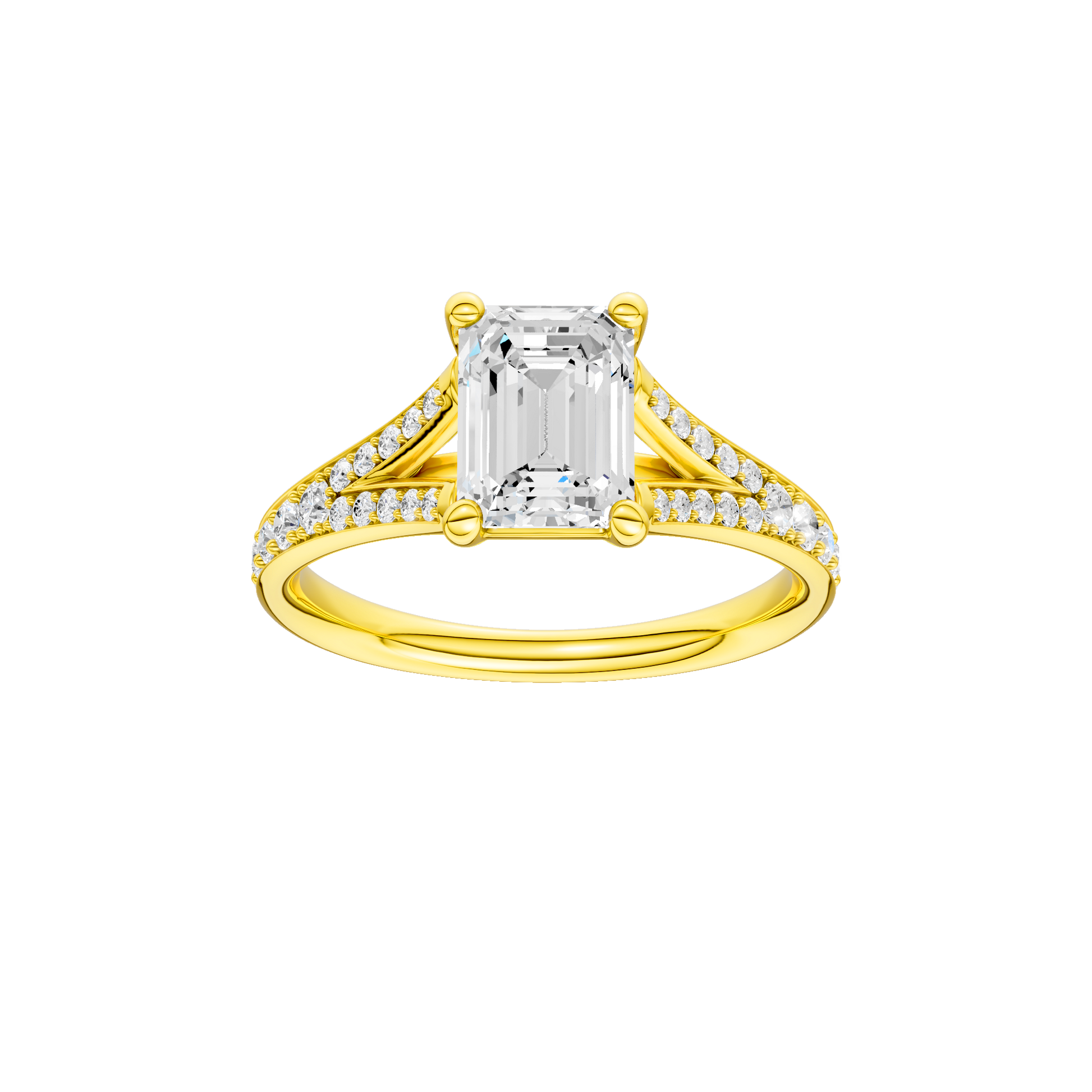 Emerald-cut diamond engagement ring with a channel-set diamond band and solitaire setting.