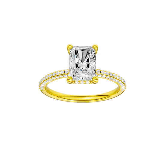 Radiant-cut diamond engagement ring with a pavé-set diamond band and hidden-halo setting.