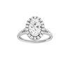 Oval-cut diamond engagement ring with a prong-set diamond band and halo setting.