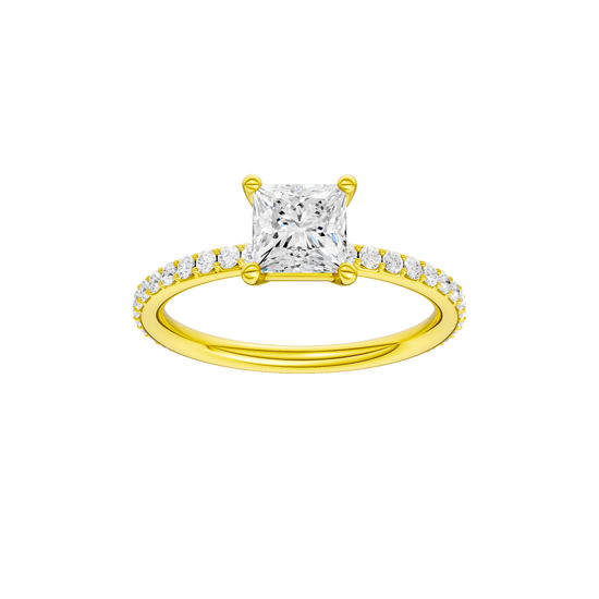 Princess-cut diamond engagement ring with a prong-set diamond band and solitaire setting.