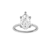 Pear-cut diamond engagement ring with a prong-set diamond band and hidden-halo setting.