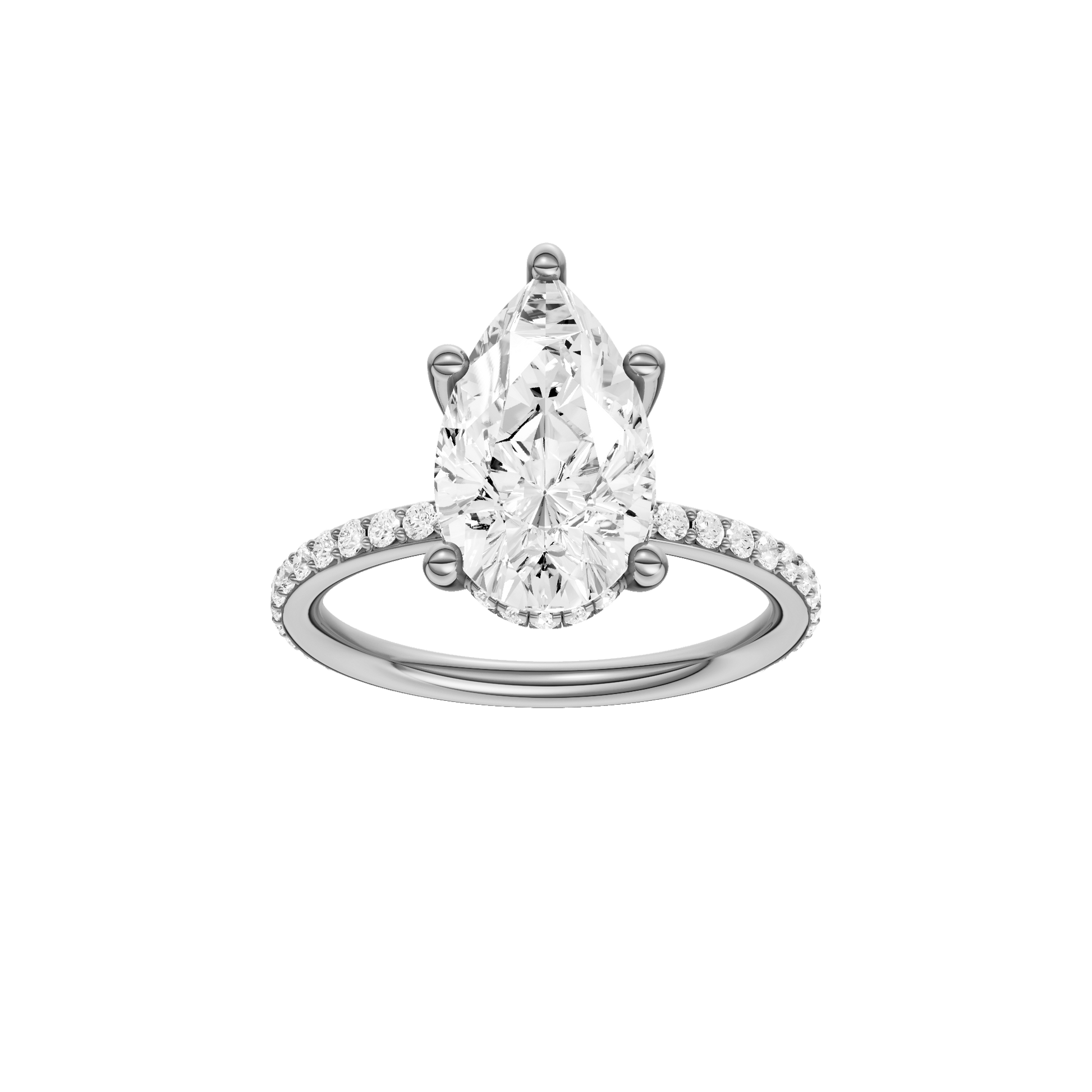 Pear-cut diamond engagement ring with a prong-set diamond band and hidden-halo setting.