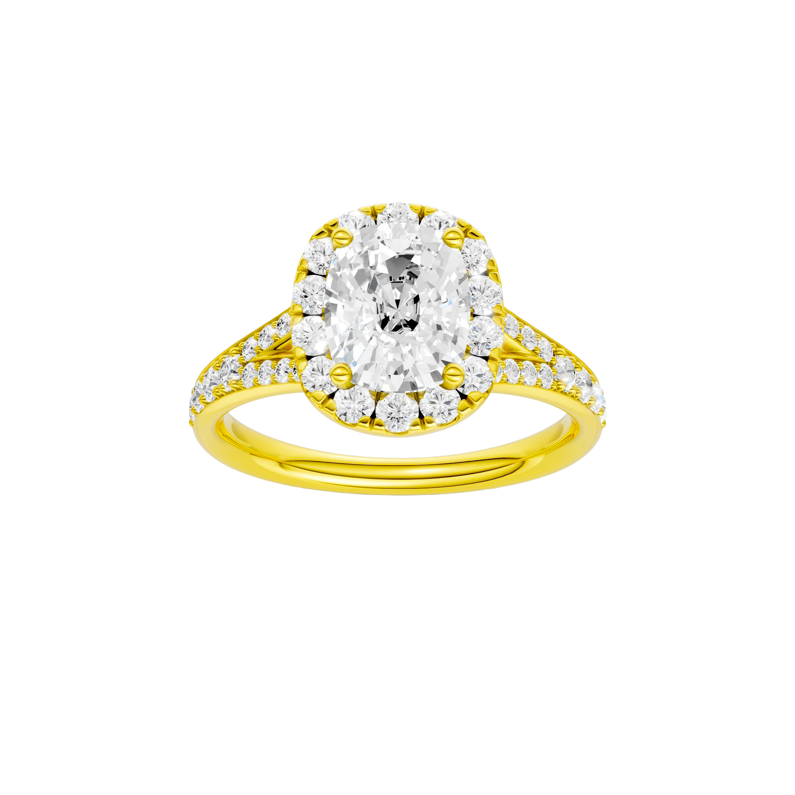 Elongated cushion-cut diamond engagement ring with a channel-set diamond band and halo setting.