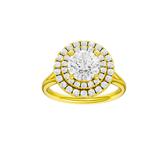 Round-cut diamond engagement ring with a plain band and double-halo setting.