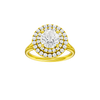 Round-cut diamond engagement ring with a plain band and double-halo setting.