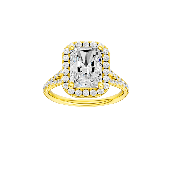 Radiant-cut diamond engagement ring with a prong-set diamond band and halo setting.