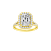 Radiant-cut diamond engagement ring with a prong-set diamond band and halo setting.