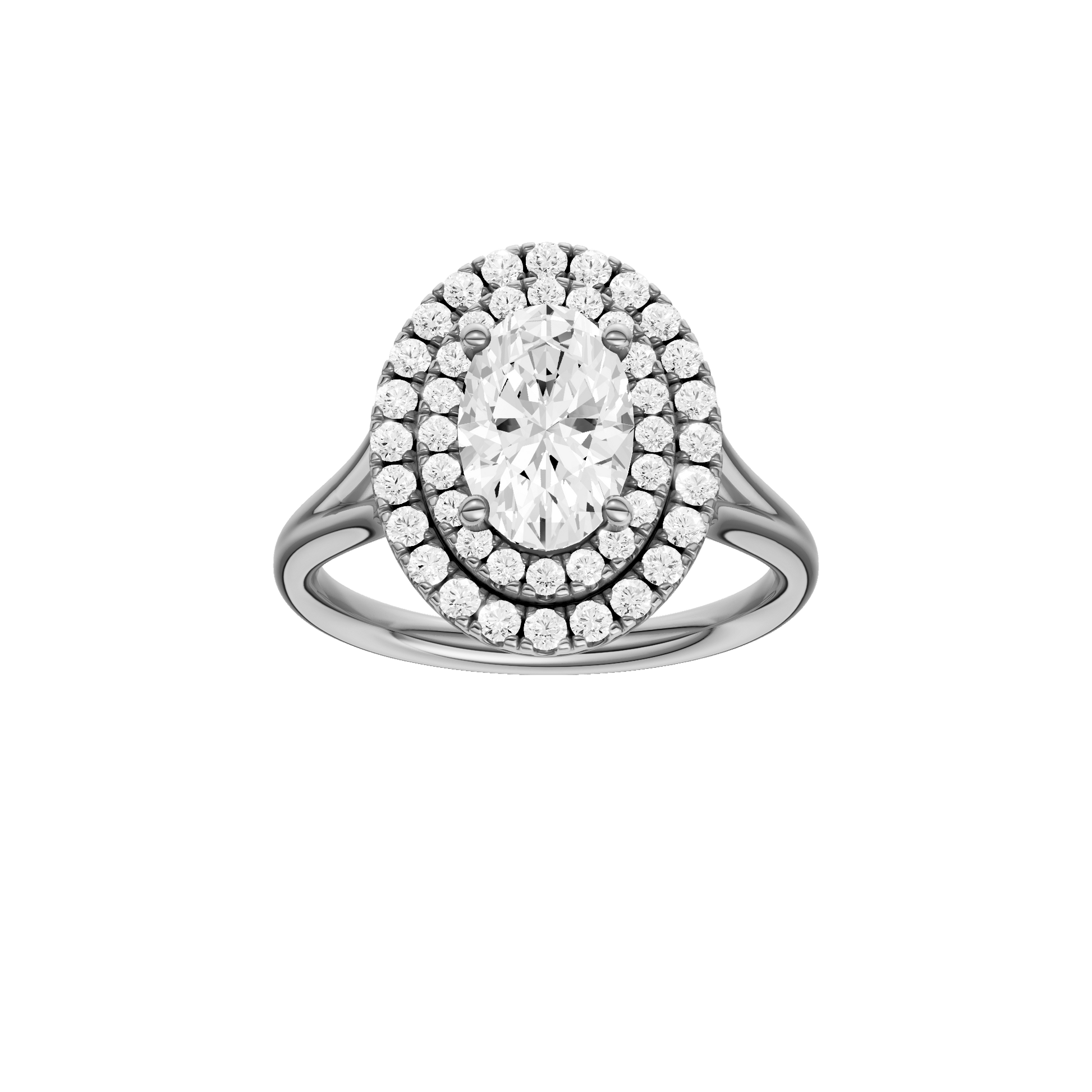 Oval-cut diamond engagement ring with a plain band and double-halo setting.