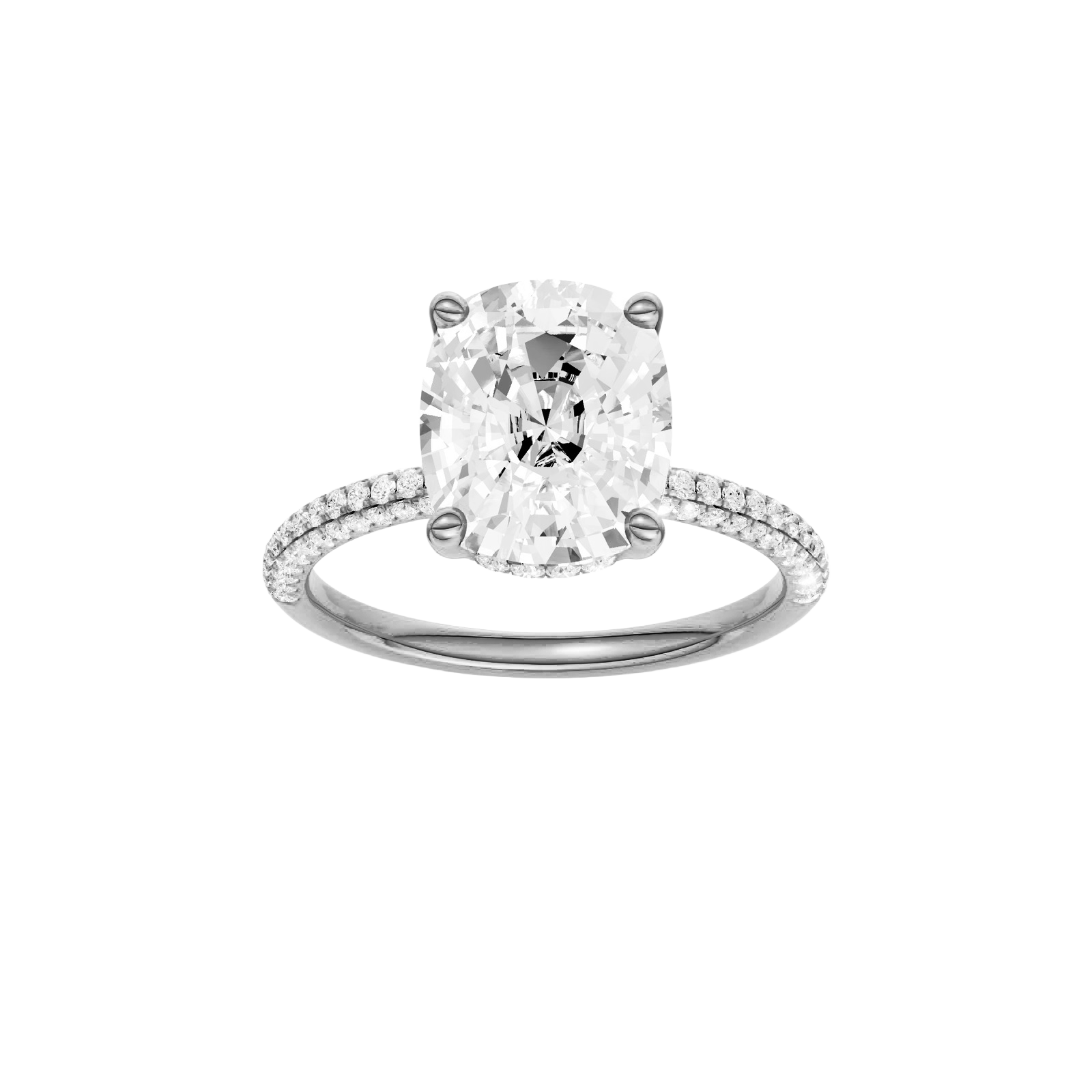 Elongated cushion-cut diamond engagement ring with a pavé-set diamond band and hidden-halo setting.