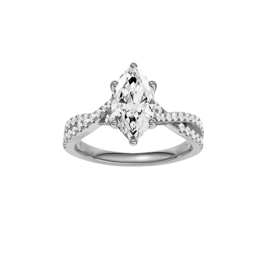 Marquise-cut diamond engagement ring in 14k white gold with a prong-set diamond band and twist setting