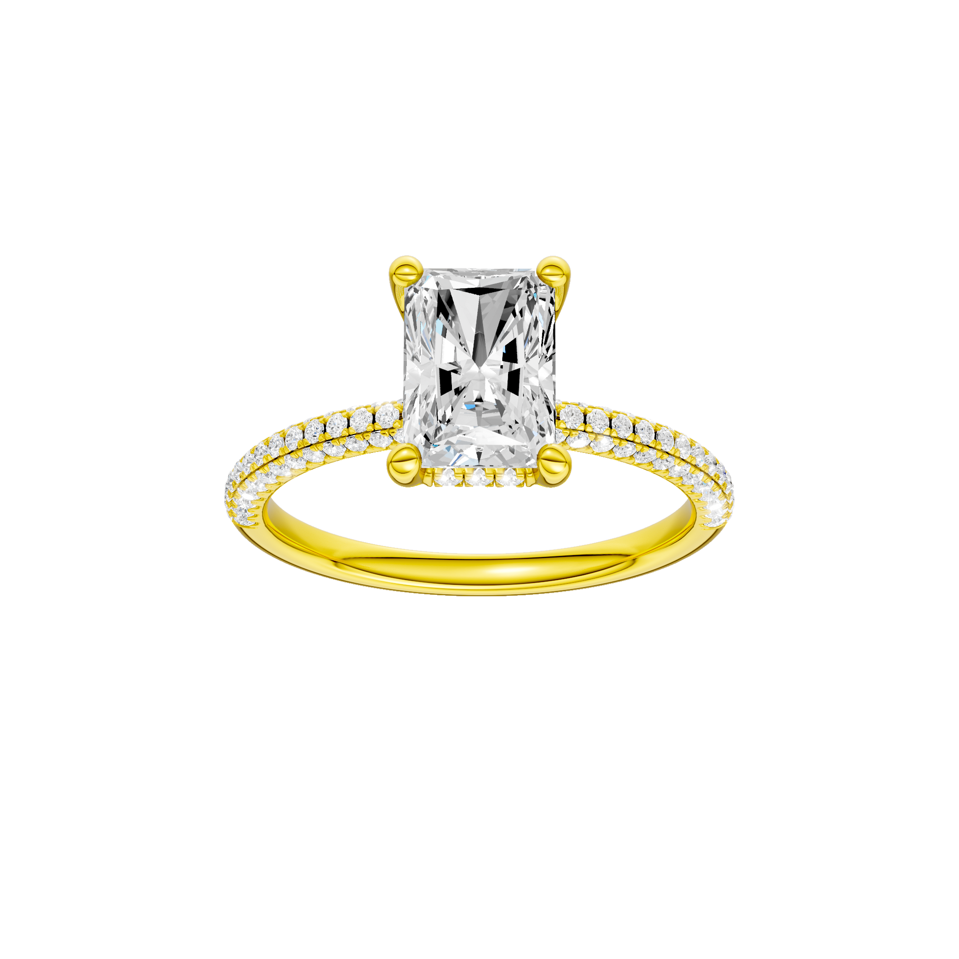 Radiant-cut diamond engagement ring with a pavé-set diamond band and hidden-halo setting.